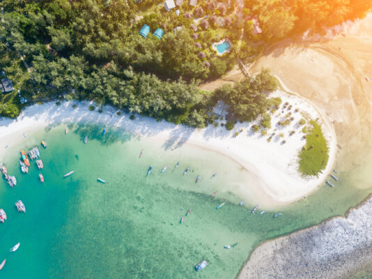 Aerial View of Malibu Beach Chaloklum Bay from Top View in Thailand