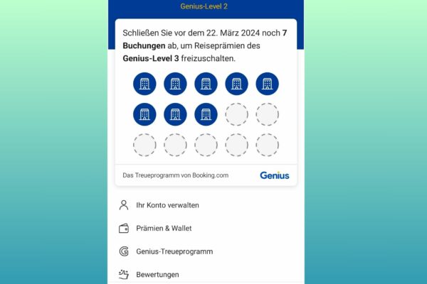 In dieser Abbildung seht Ihr, wo Ihr nachschauen könnt, wie viele Buchungen Euch für den Aufstieg ins nächste Genius-Level fehlen, damit Ihr mehr Rabatt und Gratisprämien abstauben könnt.