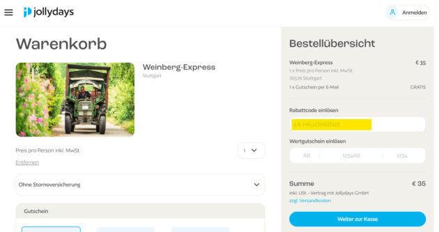 Das Gutscheinfeld haben wir in diesem Screenshot für Euch gelb markiert. Hier werden Rabattcodes eingelöst. Das Feld darunter ist für Wertgutscheine bestimmt.