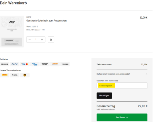 Das Gutscheinfeld für den Gutscheincode oder Aktionscode von Rose Bikes findet Ihr im Warenkorb unterhalb der Zwischensumme Eures Einkaufs.