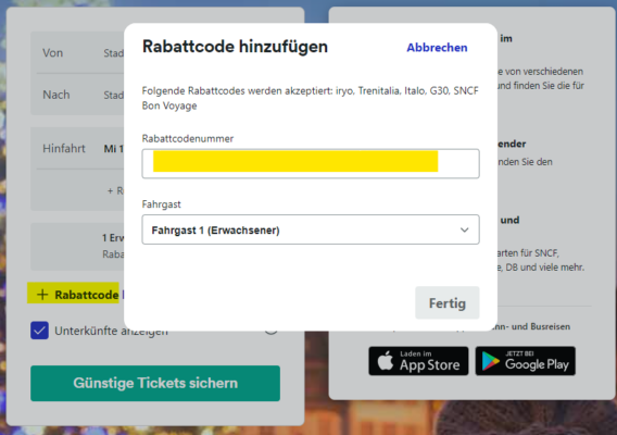 Hier seht Ihr das Gutscheinfeld für Rabatt- und Promocodes, die Ihr noch vor der Buchung bei Trainline in der Suchmaske eingeben könnt.