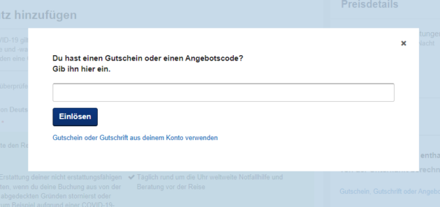Sobald Ihr auf den Link in der Preisübersicht geklickt habt, öffnet sich dieses Eingabefeld. Alternativ klickt Ihr auf den unten stehenden Link, um Guthaben aus Eurem Konto eizulösen.