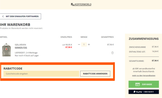 Auf diesem Screenshot seht Ihr das Eingabefeld für Rabattcodes von Kofferworld.de. Hier könnt Ihr auch den Gutscheincode eines Wertgutscheins von Kofferworld einlösen. 