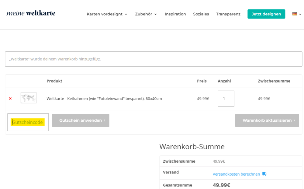 meine-weltkarte.com Gutscheinfeld für Rabatt- und Gustcheincodes