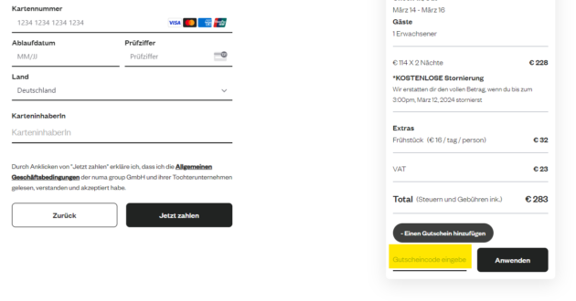numa Gutscheincode einlösen - so funktioniert es (Screenshot der numa-Buchungsseite)