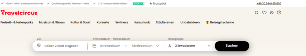 Kategorien auf der Startseite von Travelcircus, von Freizeitparks über Musical- und Shows, hin zu Städtereisen und Kurzurlaub findet Ihr über die Suchmaske das passende Angebot. 