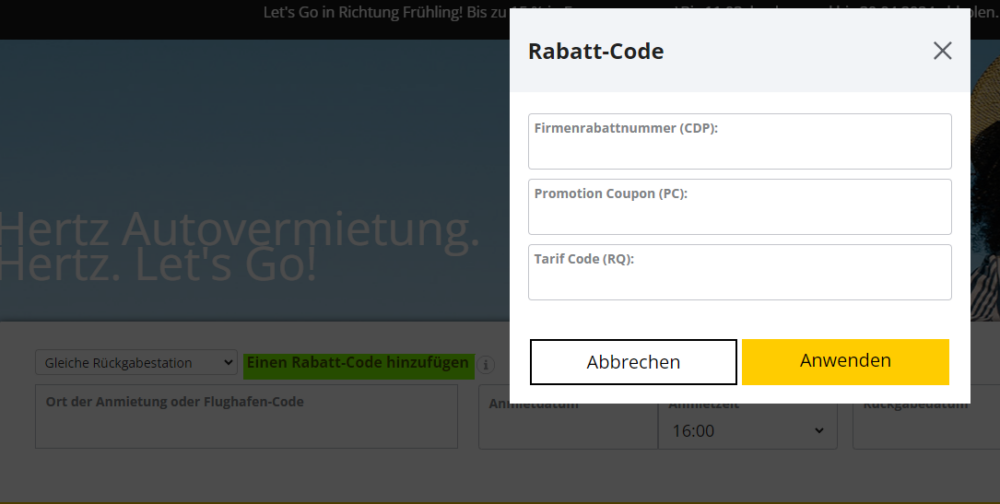 Hier im Screenshot seht Ihr, wie man das Eingabefeld für Rabattcodes und Aktionscodes für die Mietwagenbuchung ei Hertz öffnet.