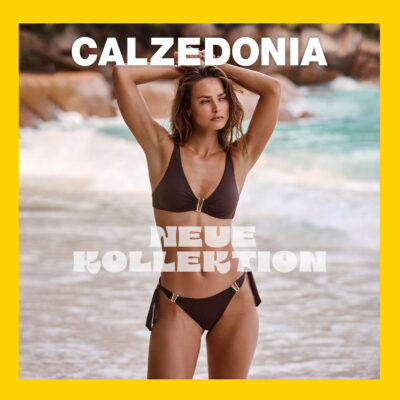 Neue Kollektion Bademode Calzedonia 2024 in Trendfarben Braun, Weiß, Beige