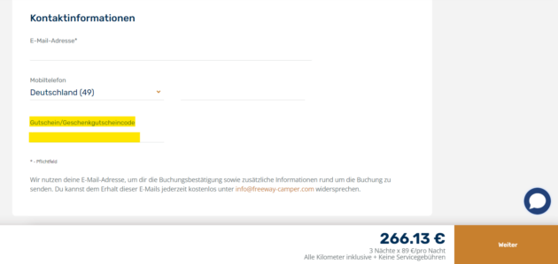 Gutscheinfeld für Gutscheine und Gutscheincodes von Freeway Camper 