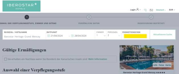 Ihr seid schon auf der Suche nach dem passenden Angebot und wollt nicht von vorne anfangen? Kein Problem - denn Ihr könnt den Iberostar Rabattcode wie hier im Screenshot noch während der Suche eingeben. 