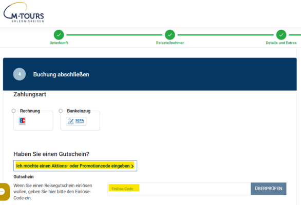 So löst Ihr M-Tours Gutscheine und Aktionscodes bei der Buchung ein