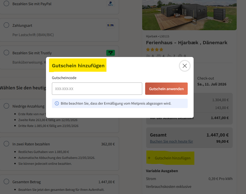 Screenshot vom "Gutscheincode einlösen" Eingabefeld.
