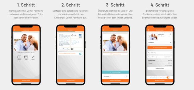 Screenshot von der Postando Website - Anleitung zur Erstellung einer Grußkarte mit der Postando App.