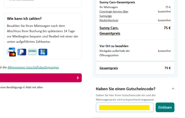 Das Gutscheinfeld für Sunny Cars Gutscheincodes haben wir für Euch in diesem Screenshot gelb hervorgehoben.