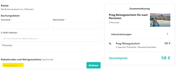 Das Feld für Rabattcodes findet Ihr im letzten Buchungsschritt bei watado unterhalb Eurer Buchungsdaten (hier im Screenshot gelb markiert).