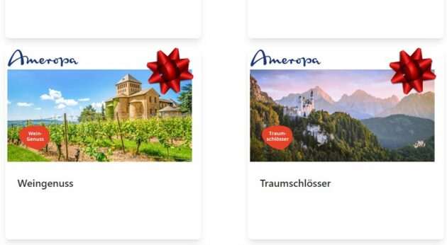 Screenshot der Ameropa Bestellwebsite für Reisegutscheine, Hier ein paar Motive, die Euch zur Verfügung stehen. 