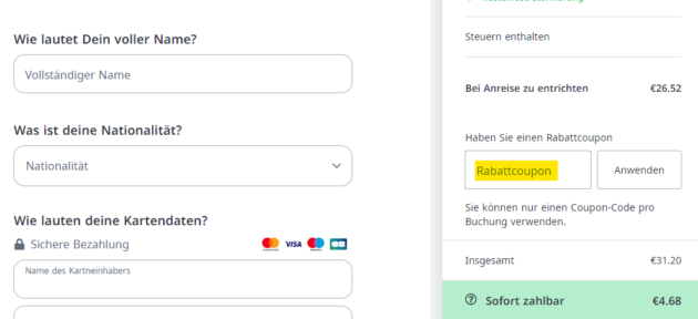 Das Eingabefeld für Rabattcodes von Hostelworld haben wir für Euch in diesem Screenshot gelb markiert. Ihr findet es im letzten Buchungsschritt über der Gesamtsumme unter der Überschrift "Haben Sie einen Rabattcoupon"