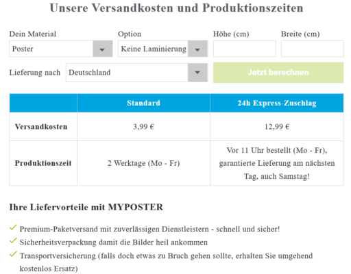 myposter Versandkostenrechner Beispiel
