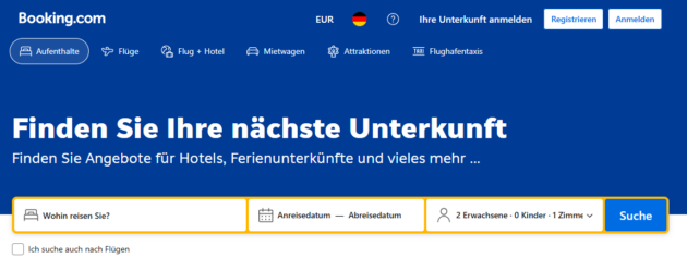 Suchleiste auf der Booking.com Webseite.