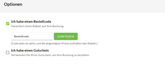 Olsen Reisen Gutscheinfeld zur Eingabe eines Bestellcodes