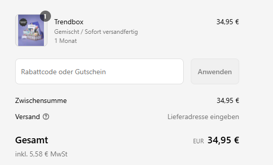 Gutscheinfeld zur Eingabe des Rabattcodes oder Gutscheins bei Trendbox.
