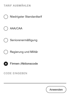 Marriott Gutscheinfeld zum Eintragen des Aktionscodes