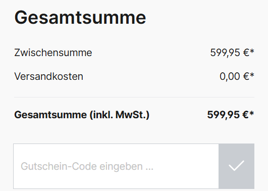 Hotelshop.one Gutscheinfeld zur Eingabe eines Gutscheincodes im Warenkorb