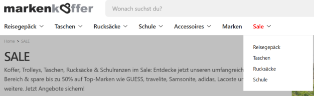 Der Markenkoffer Online-Shop ist in diese Kategorien unterteilt. Auch Sale Produkte gibt es.