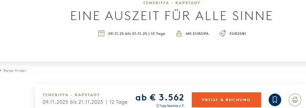 Teneriffa Kapstadt Kreuzfahrt Angebot