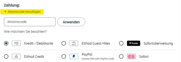 Etihad Airways Aktionscode bei der Buchung eingeben