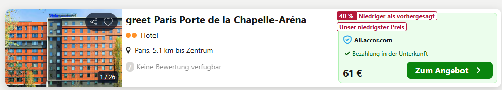 Paris Hotel greet Paris Porte de la Chapelle-Aréna Angebot