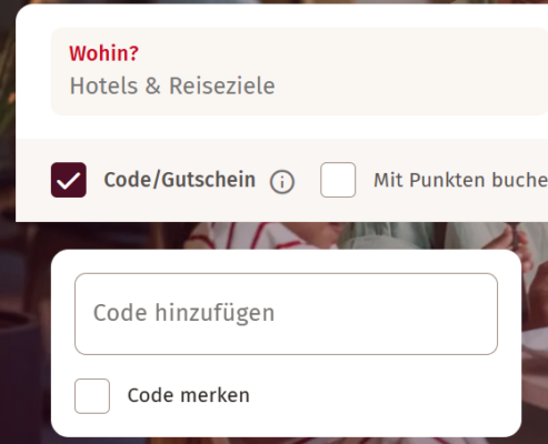 Das Scandic Gutscheinfeld öffnet sich schon in der Suchmaske.