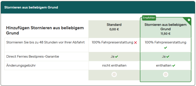 Direct Ferries Stornierungsoption hinzubuchen