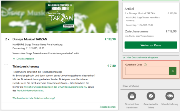 Gutscheincode bei der Ticketbuchung bei Stage Entertainment eingeben