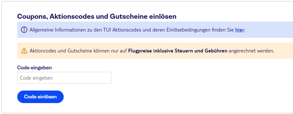 TUI fly Gutscheinfeld für Aktionscodes während der Buchung