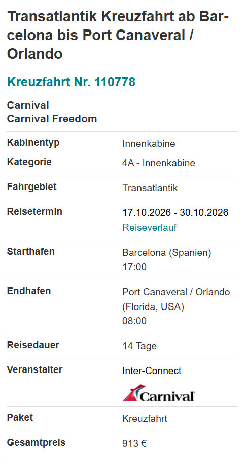 Transatlantik Kreuzfahrt Angebot