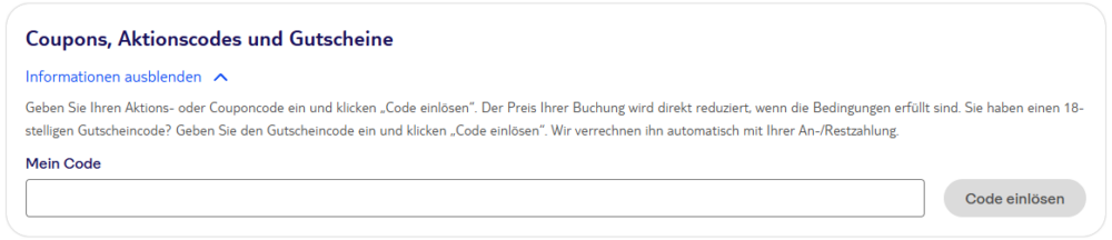 TUI Gutscheinfeld für Aktionscodes während der Buchung