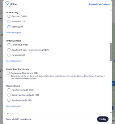 Screenshot der Filtermöglichkeiten bei FeWo-direkt.