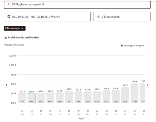 Screenshot vom Preiskalender auf DERTOUR.de