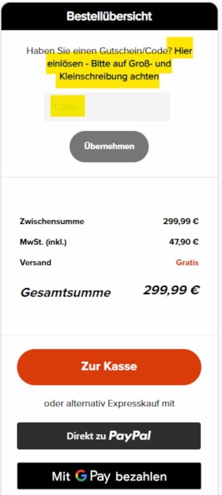 Screenshot des Gutscheincode-Eingabefelds