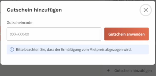 Ein Screenshot von der Gutscheincode Eingabe bei Novasol