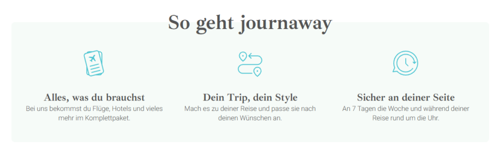 journaway-Werbeversprechen: 'Alles, was du brauchst', 'Dein Trip, dein Style', 'Sicher an deiner Seite'
