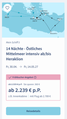 Screenshot eines Frühbucher-Angebots für die Saison 2027 bei Mein Schiff