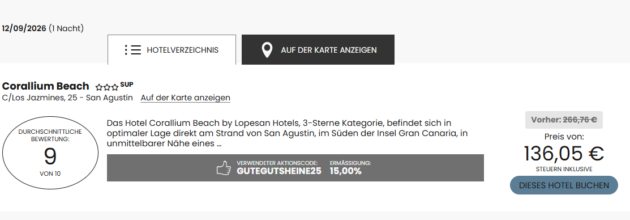So sieht es aus, wenn der Promo Code in der Suchmaske eingegeben wurde.