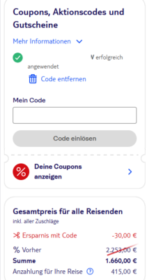 TUI Aktionscode, Coupons und Gutscheine einlösen. Screenshot